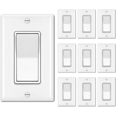10 Pack Single Pole Decorator Light Switch with Wallplate, 15A 120/277V, Rocker Paddle Wall Switch, On/Off Interrupter for LED and Other Lamps, UL Listed, White White Single Pole