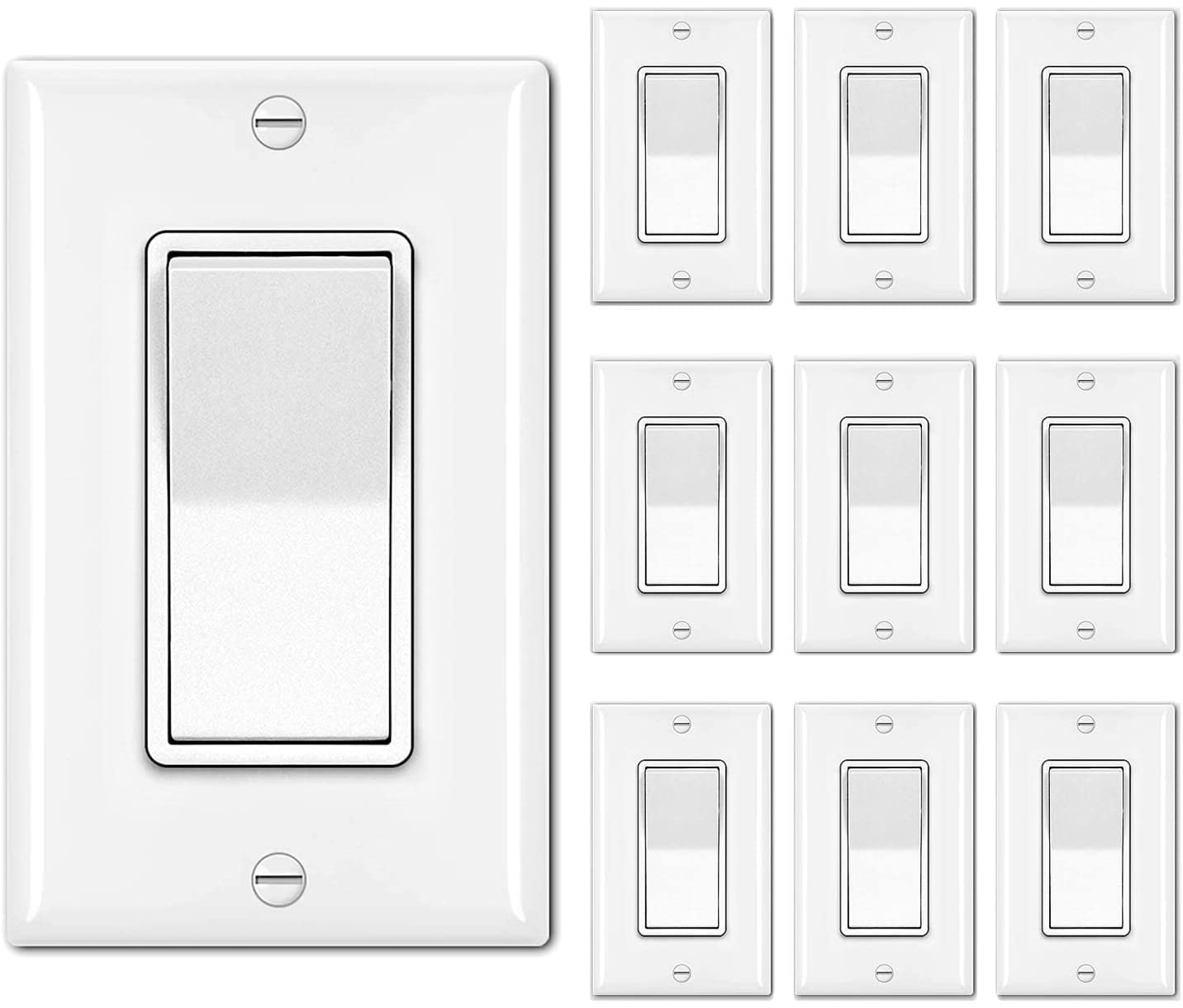 [10 Pack] BESTTEN Single Pole Decorator Wall Light Switch with Wallplate, 15A 120/277V, On/Off Rocker Paddle Interrupter for LED and other Lamps, UL Listed, White - image 1 of 7