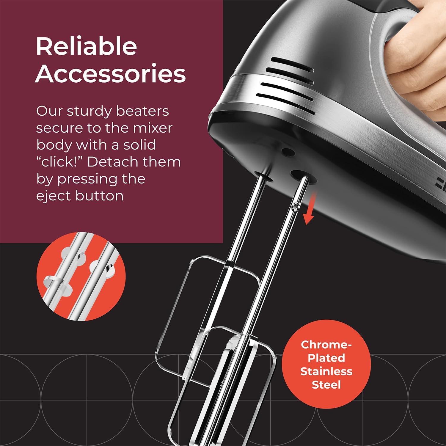 Electric Hand Mixer | 5 Speed 250W Turbo with Snap-On Storage Case 4 Stainless Steel Accessories Easy Whipping, Mixing Cookies, Brownies, Cakes, Dough Batters