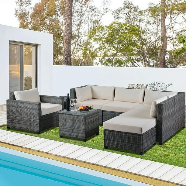 Outdoor Wicker Conversation Sets With Table 2020 Upgrade 8 Piece Sectional Patio Furniture Set W 2 Corner Sofa Coffee Mid Seats 13 Padded Cushions Ottoman Beige S1481 Com Outdoor Wicker Conversation Sets With, Best Patio Conversation Sets 2020