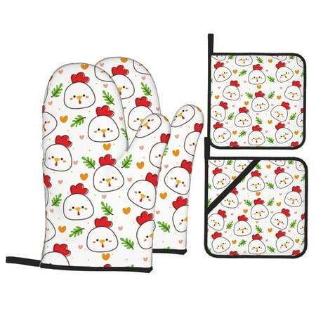 

Oven Mitts and Pot Holders Sets 4 pcs - Chicken And Plant Heat Resistant Silicone Oven Gloves with Non-Slip Silicone Surface and hot pads for kitchen Baking Cooking BBQ