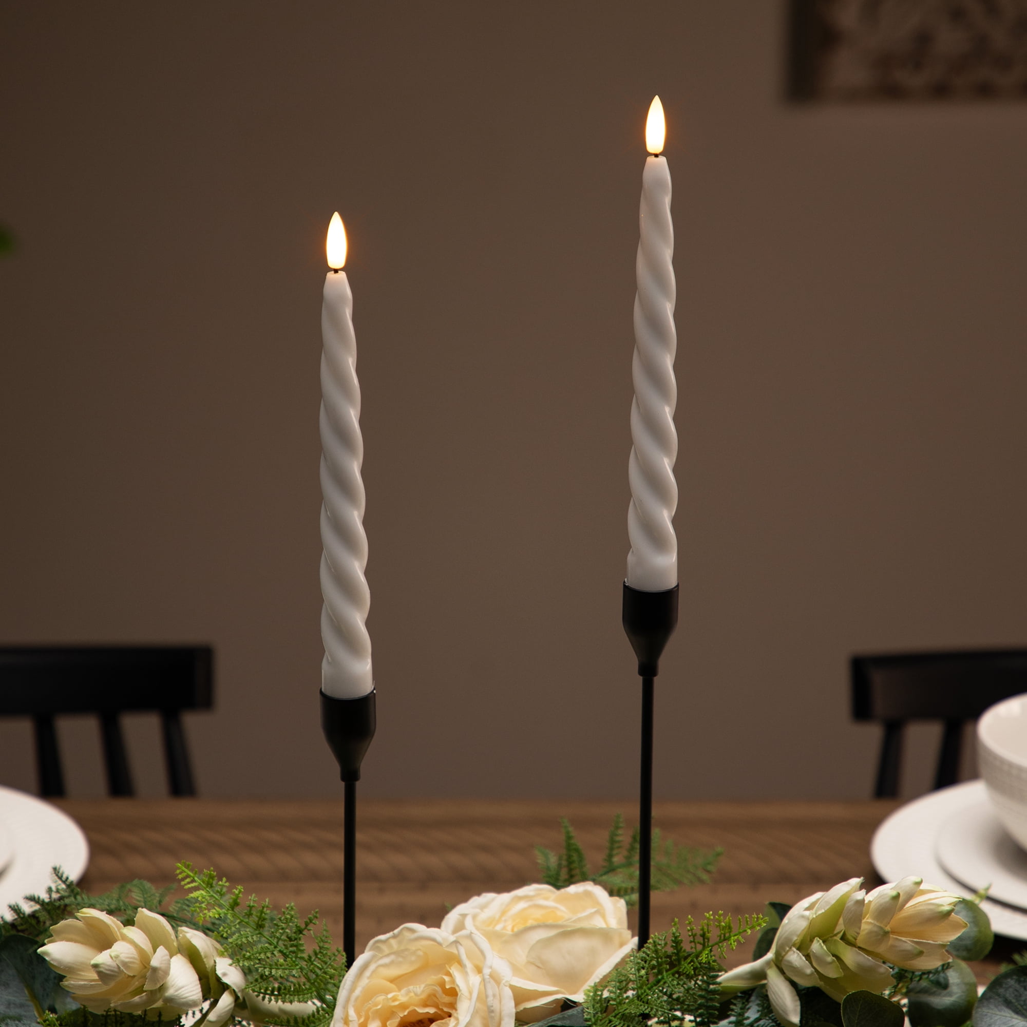 LED Flameless Flickering Taper Swirled Christmas Candles - 9.5" - White - Set of 2