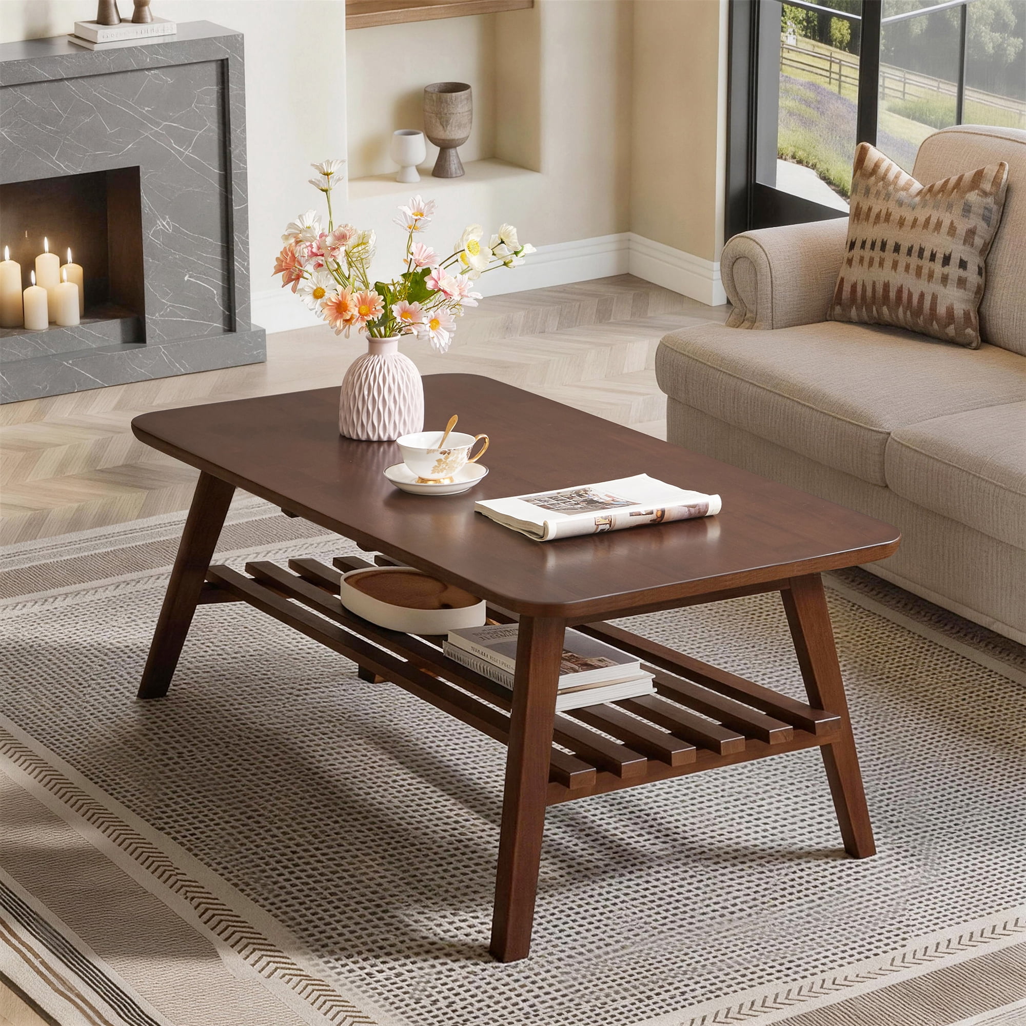 47.2x23.6-Inch Wooden Coffee Table with Storage Shelf, Mid-Century Rectangular Center Table and Side Table for Living Room, Walnut Brown