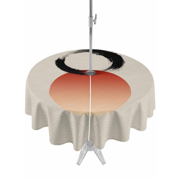 Outdoor Tablecloth with Umbrella Hole for Patio/Picnic/Party/Camping, Abstract Art Sun Waterproof Table Cloth Round Cover Washable, Modern Art Orange Round Rustic (Dia 54")
