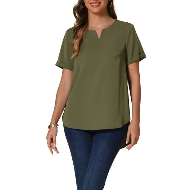 INSPIRAR CHIC Blusas de Verano Casuales para Mujeres con Cuello en V y Mangas Cortas, Con Dobladillo Curvo, Color Verde Oliva