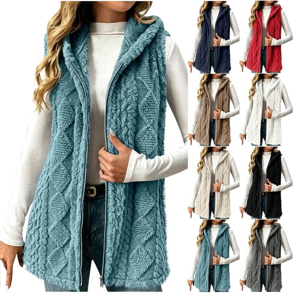 Winter Vest Fleece for Women Plus Size Cozy Warm Fuzzy Hooded Sleeveless Jackets Lightweight Casual Leisure Zipper Waistcoat Outerwear with Pockets