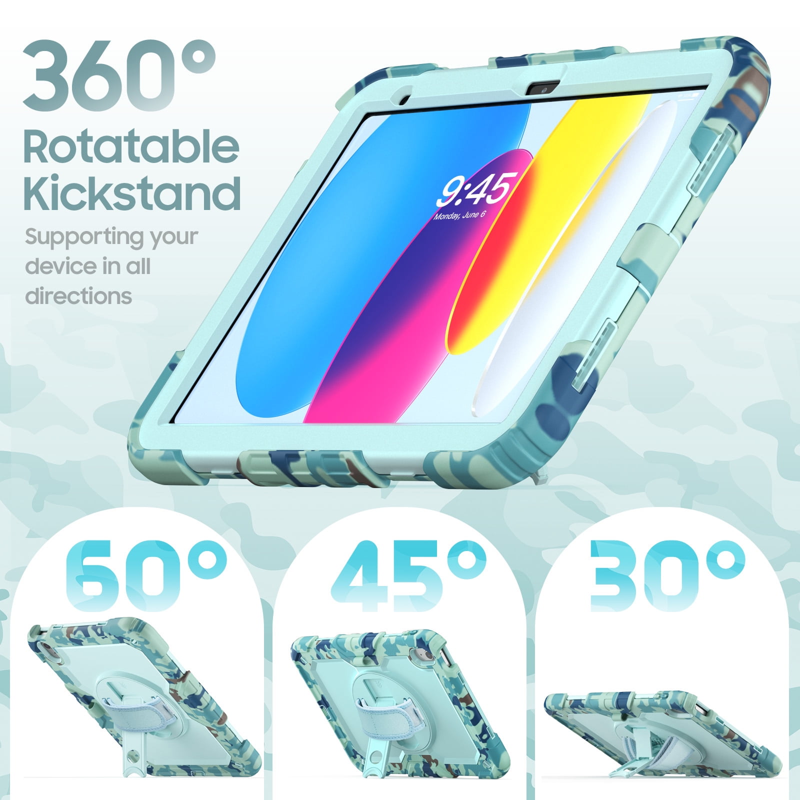 ELEHOLD Rugged Case for iPad 11th(A16) 2025/10th 2022, 360° Rotating Kickstand Hand Shoulder Strap Pencil Holder Built-in Screen Protector Full-Body Shockproof Protective Cover,Blue