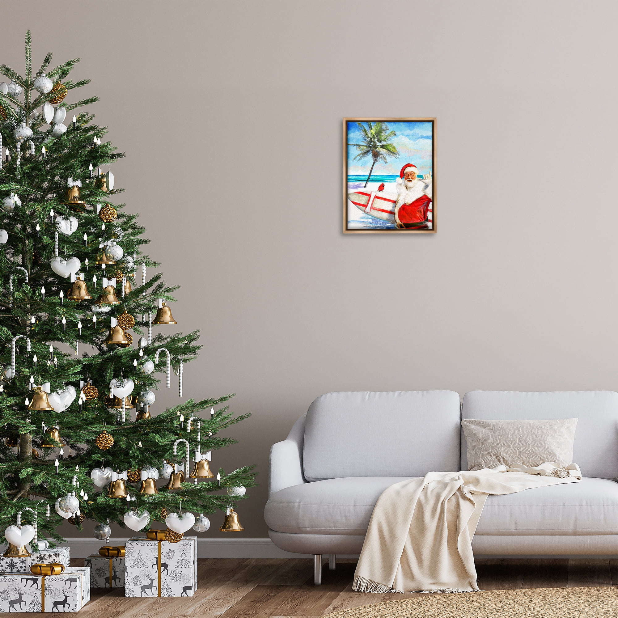 Stupell Industries Surfing Santa at Beach Holiday Painting Brown Floater Framed Canvas Art Prints Wall Art, 17 x 21