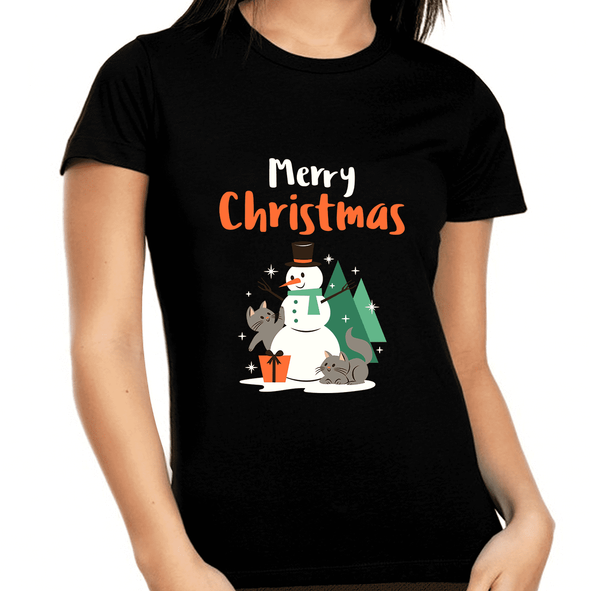 Woffccrd Women's Funny Christmas Tree Graphic Tee - Rainbow Colorful Holiday T-Shirt (Short Sleeve)