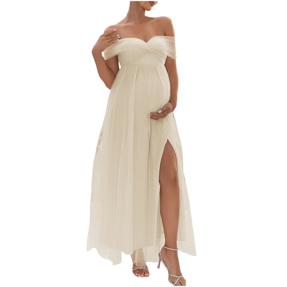 Bpmpbo Maternity Dress Off-the-Shoulder Lace Mesh Dress with High Slit and Low Back Formal Pregnancy Gown