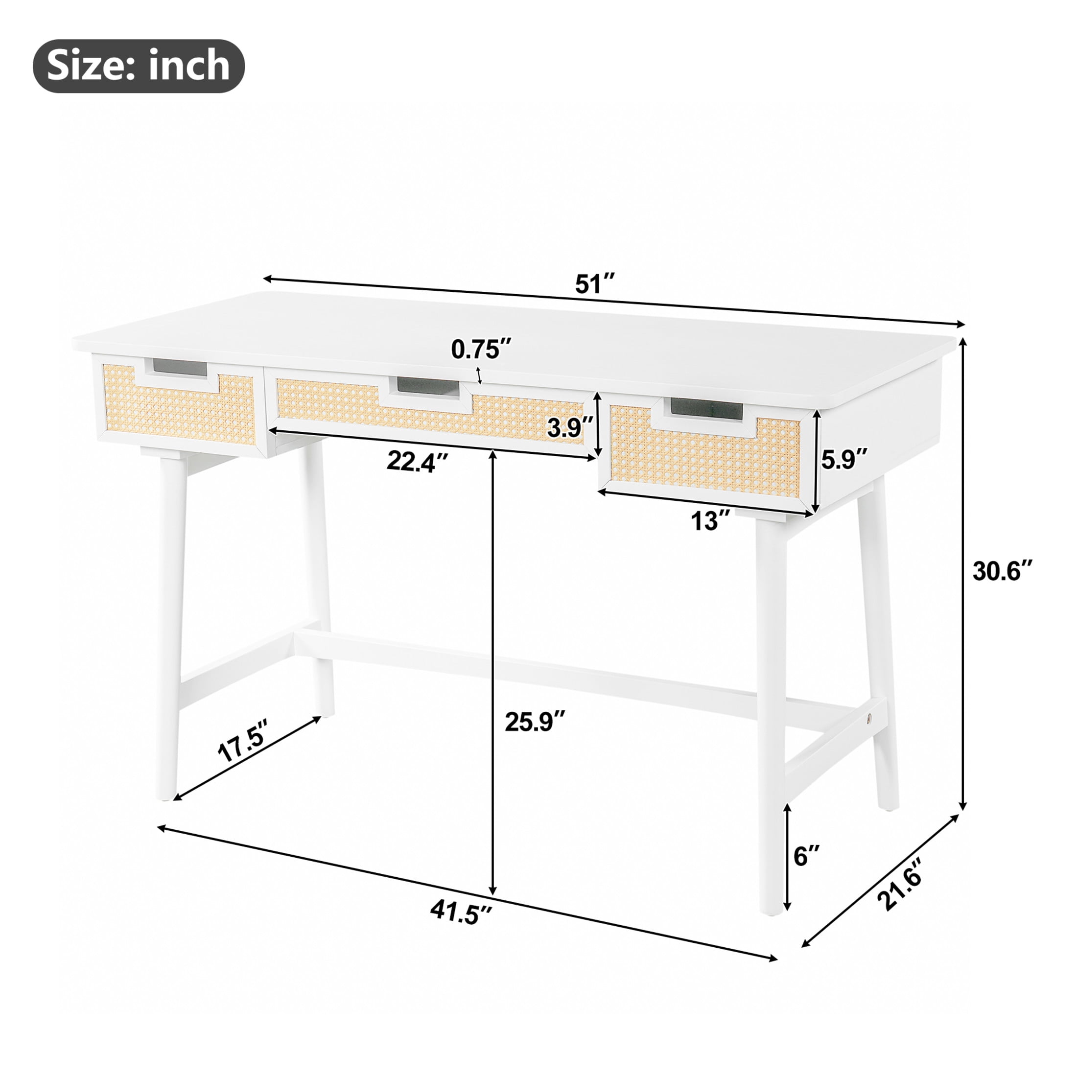 Christopher Knight Home 51" Writing Desk with 3 Rattan Drawers, Wood Vanity Workstation, White