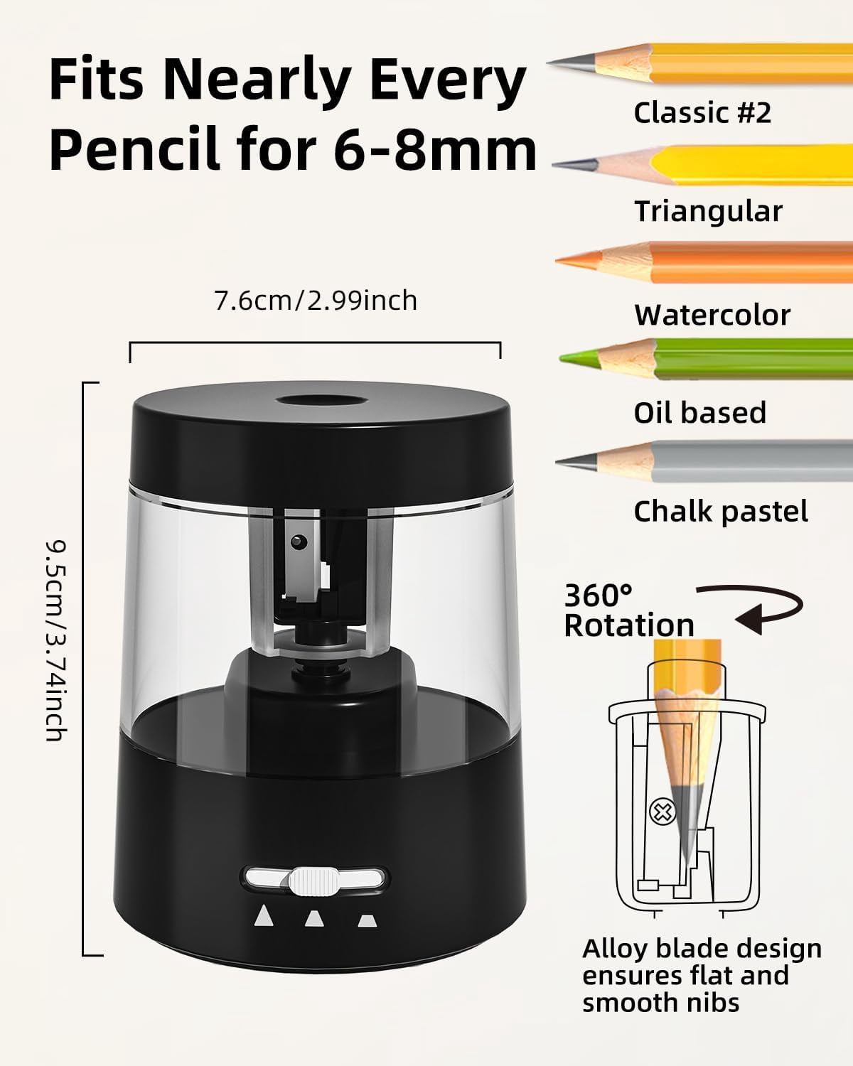 ZMOL Electric Pencil Sharpener for 6-8MM Pencils - Auto Desk Sharpener, Classroom & Home Use (Colored Pencils OK)