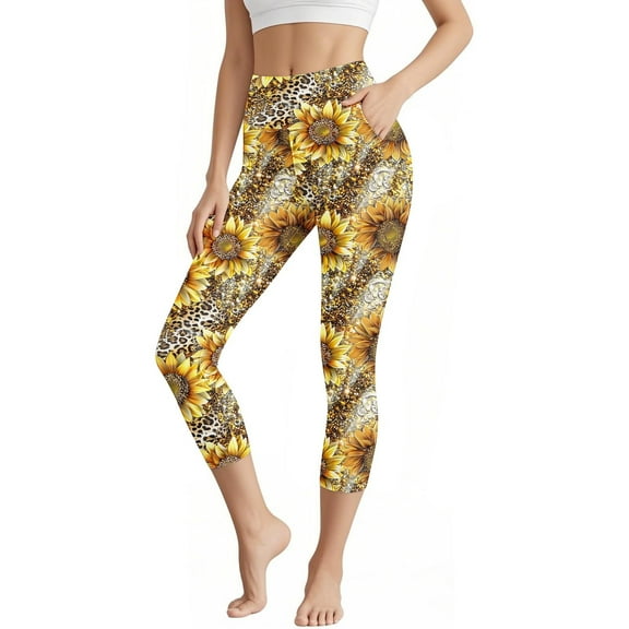 Inverlee Womens Plus Size High Waist Capri Leggings Stretchy Tummy Control Yoga Pants Trendy Casual Sunflower Pring Athletic Bottoms with Pockets