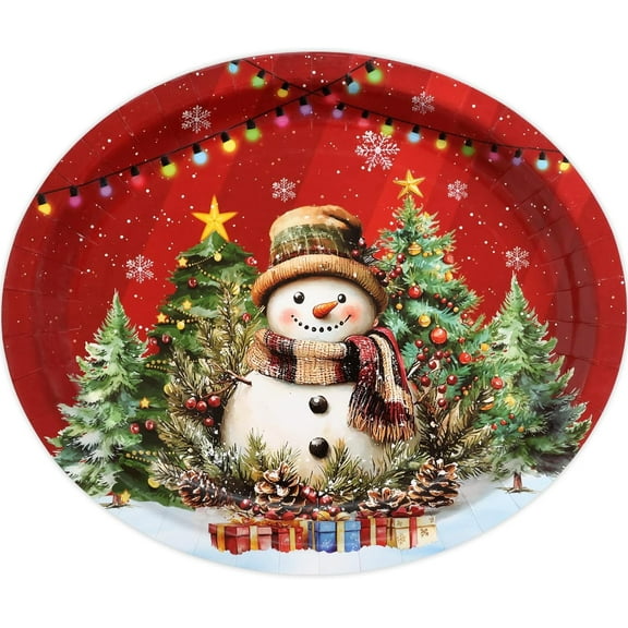 YUYAN-Christmas Oval Paper Plates Vintage Snowman Disposable Dinner Plates Retro Dinnerware Supplies for Xmas Holiday Party Supplies 24Pcs