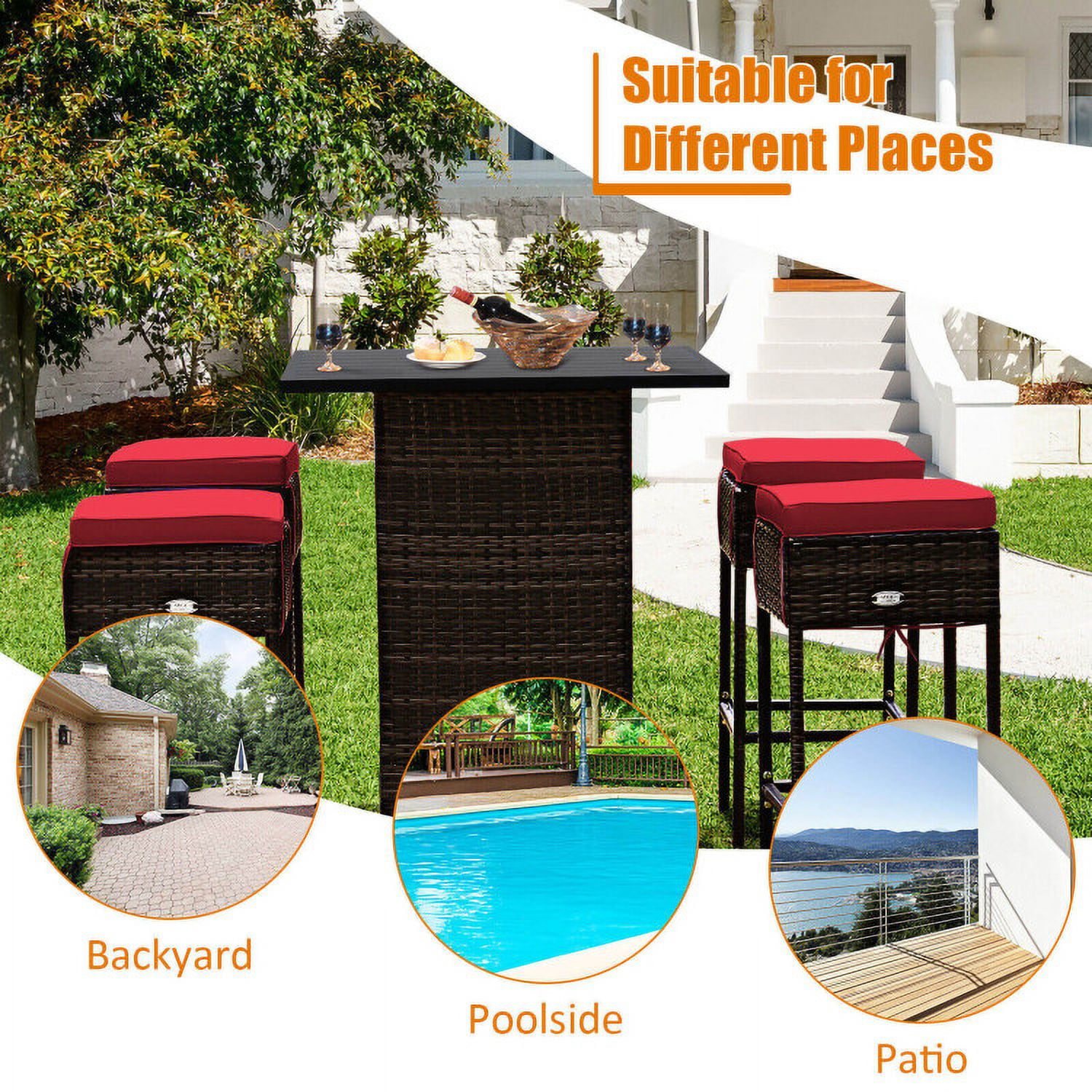 Aimee Lii 5 Pieces Patio Rattan Bar Table Stool Set Hidden Storage Shelf Cushioned, Outdoor Patio Furniture, Red