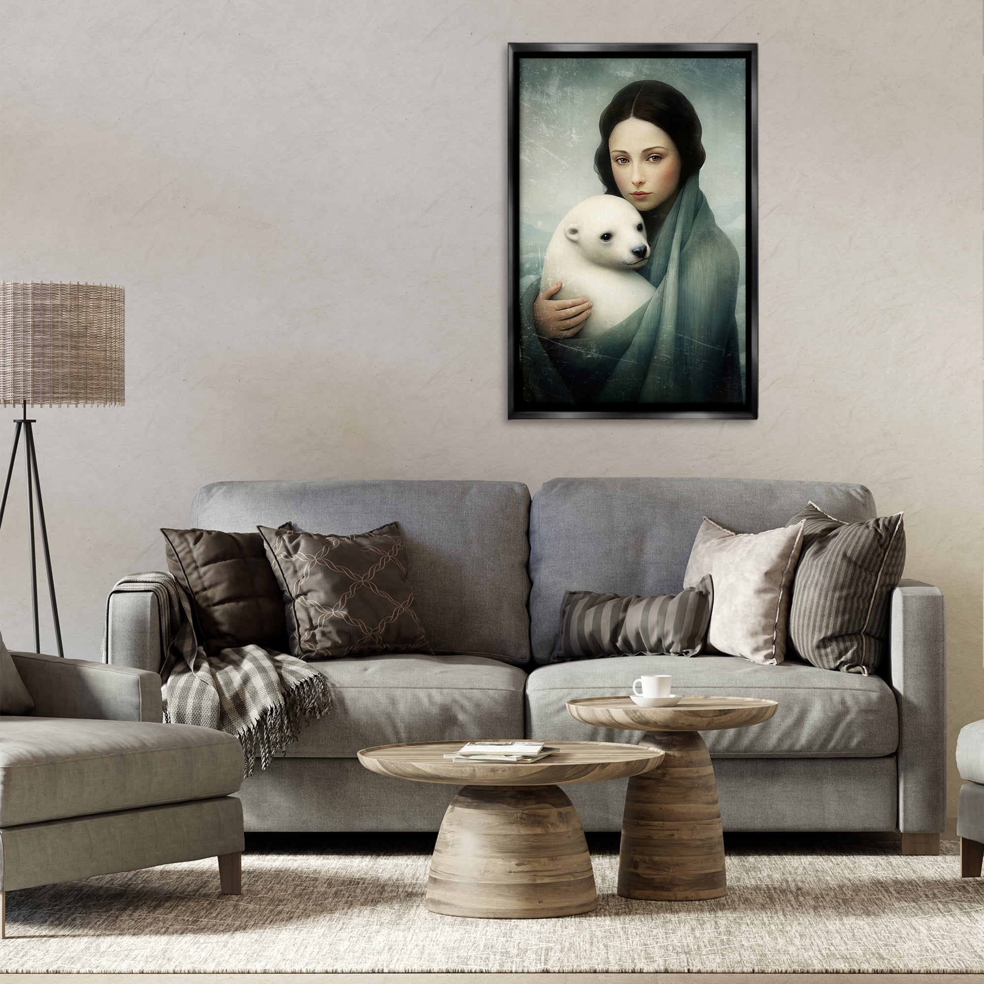 Stupell Industries Girl & Baby Polar Bear People Painting Black Floater Framed Canvas Art Print Wall Art, 21 x 31