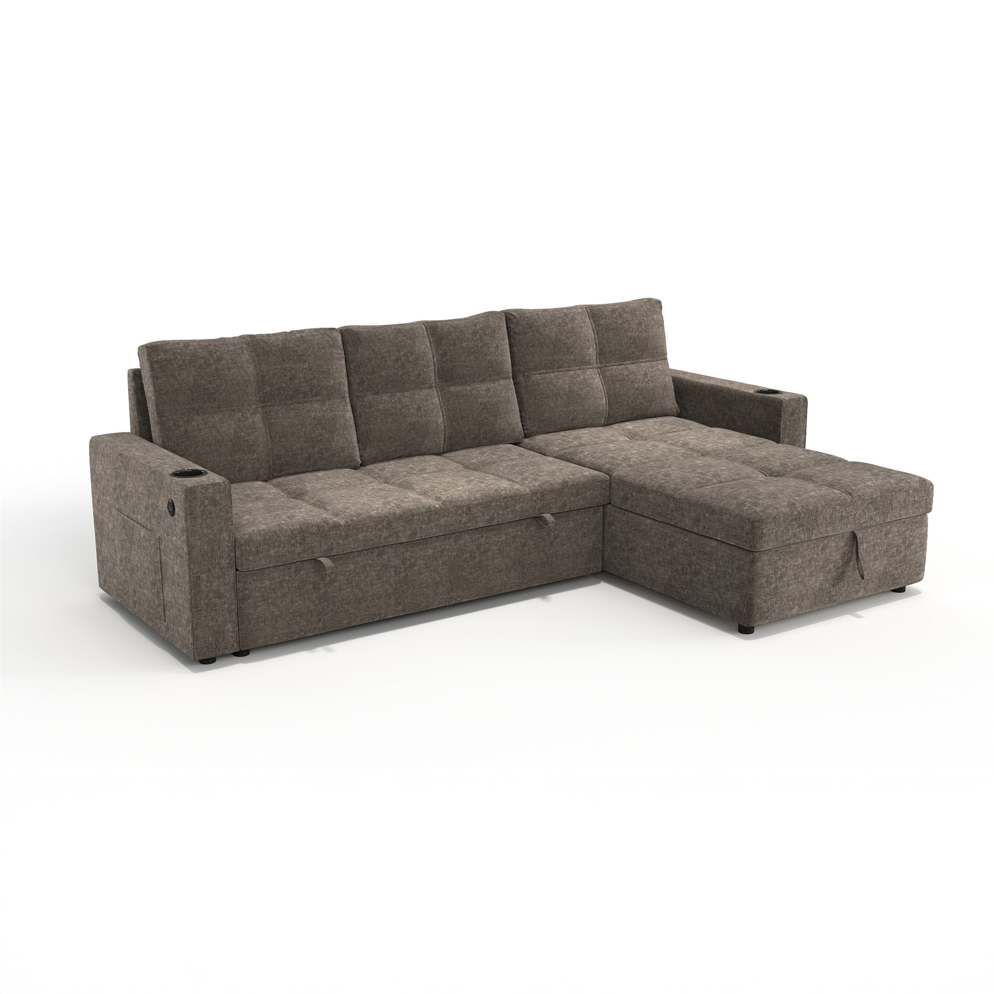 Modern Contemporary Convertible Chaise Sectional with Hidden Storage & Sleeper, Dark Grey
