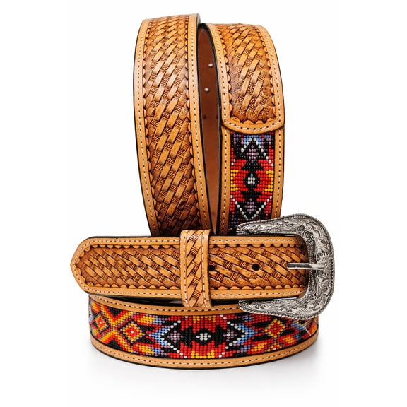 27-28  Western Antique Basket Weave Tooled Beaded Full-Grain Leather Belt 26FK51