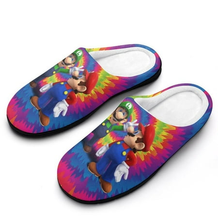 

Mario Luigi Bros Fuzzy Cotton Slippers For Womens Lightweight Anti-slip Rubber Sole Slippers Winter Warm Fluffy House Open Back Slippers Closed Toe Slippers