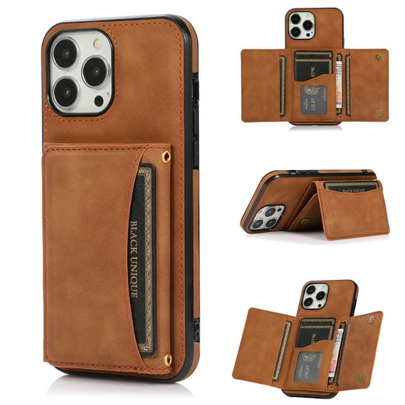 Allytech for iPhone 13 Pro Case with Double Magnetic Clasp, Wallet PU Leather Cover Hands-Free Kickstand Back Card Slots/Cash Holder Flip Scratch Free Case for iPhone 13 Pro 6.1" 2021[5G], Brown