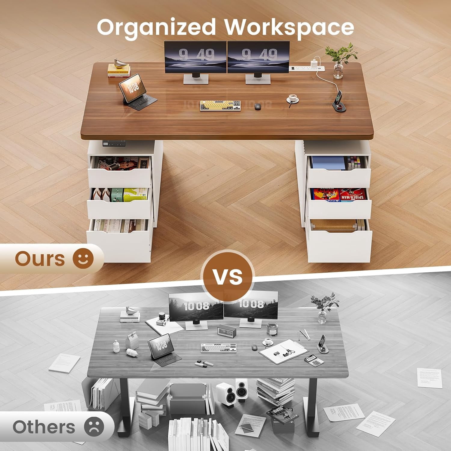 SEDETA 55" Electric Standing Desk with 6 Drawers, Adjustable Height Computer Desk with Power Outlets, Wood Corner stand Up Desk for Home Office, Large PC Workstation, White & Brown Top
