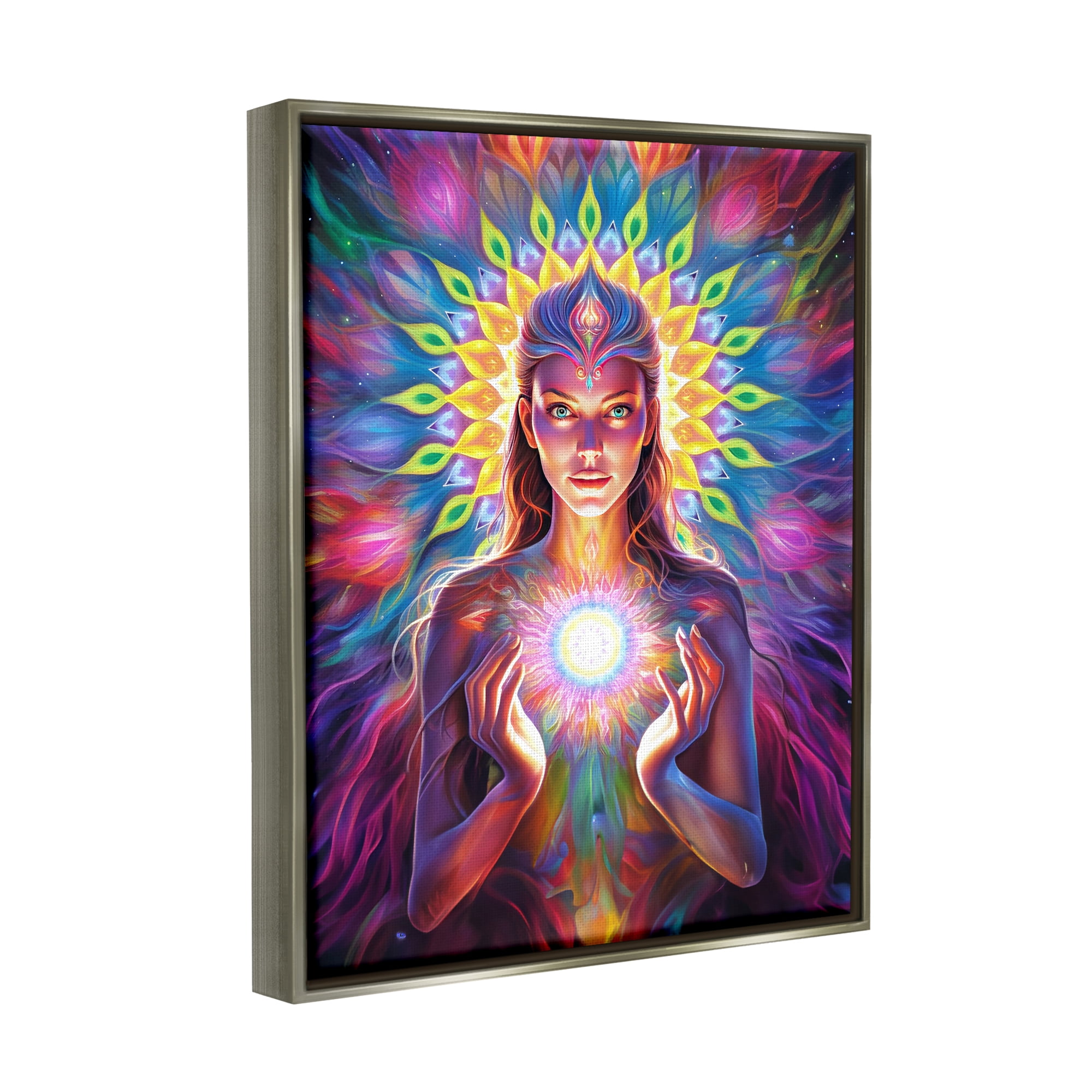 Stupell Industries Girl with Abstract Fractals Abstract Painting Gray Floater Framed Canvas Art Print Wall Art, 17 x 21