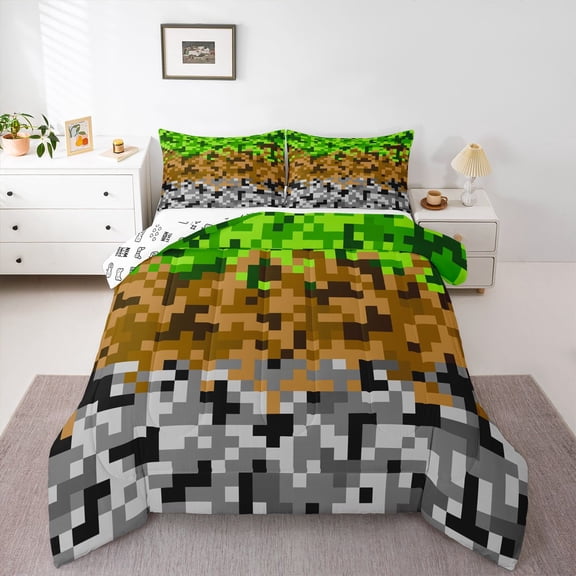 Feelyou Pixel Grid Miners Twin Comforter Sets, Square Bedding Set, 2pcs