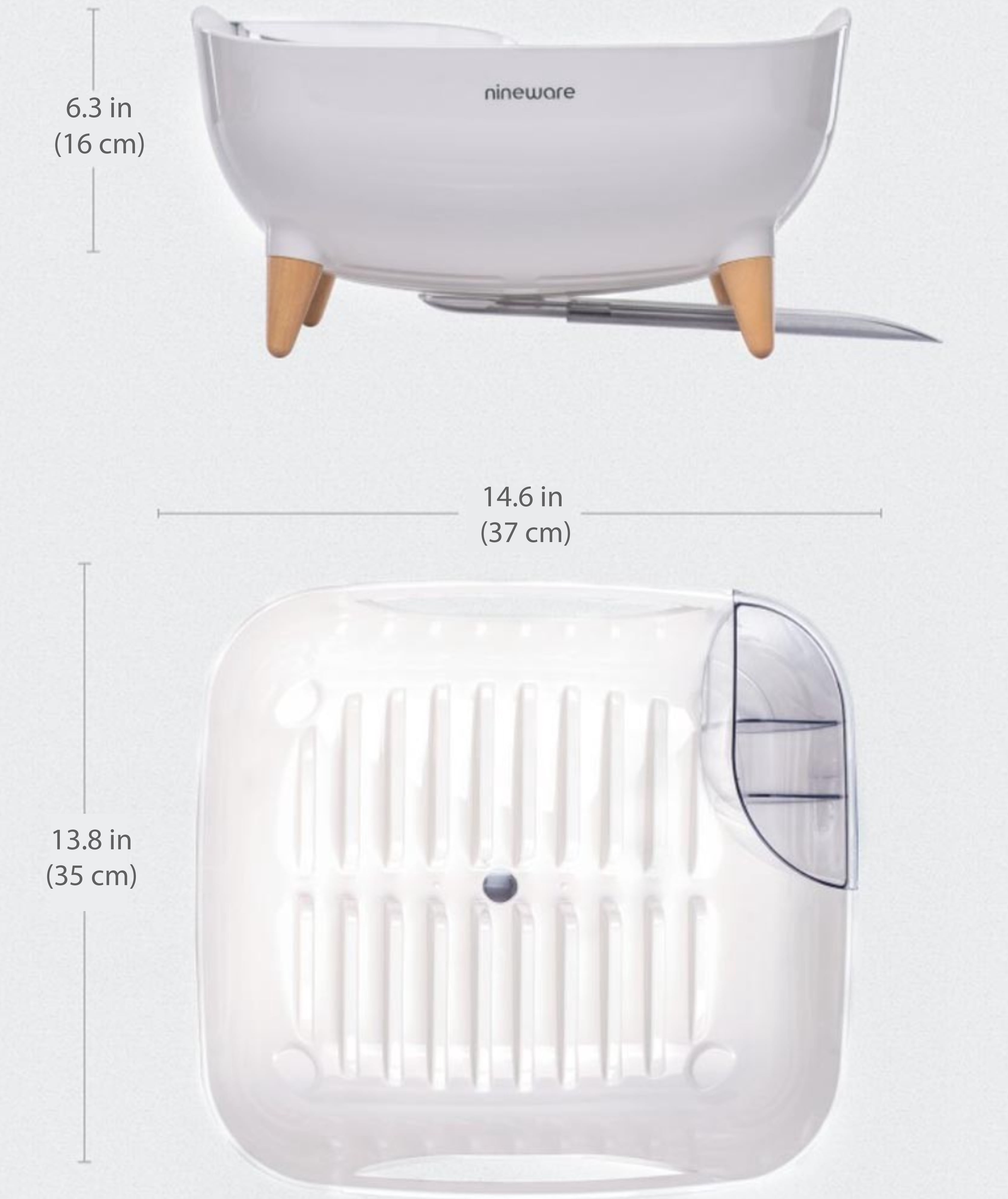 Nineware Kitchen Counter Compact Dish Drying Rack Over The Sink, 360° Rotatable Water Drain, Utensil Holder Included, Made in Korea (Cream White)