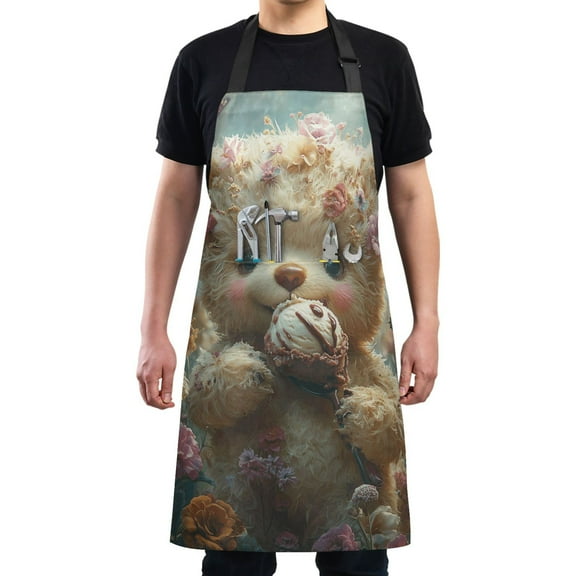 Kitchen Apron with 2 Pockets Adjustable waterproof Cooking Aprons for Women Men Chef Cute Bear Eat Ice Cream