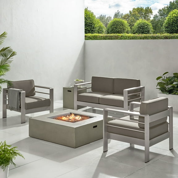 Captains Outdoor Aluminum Chat Set with Fire Table,Grey