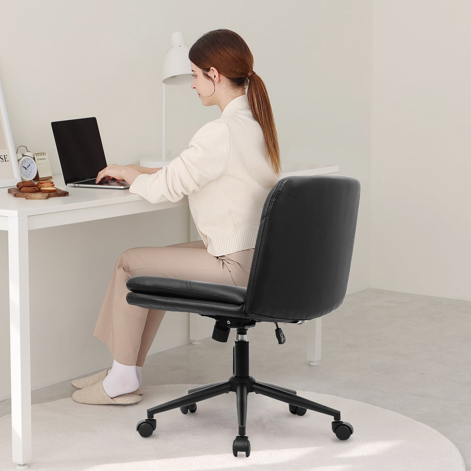 Celtoss Criss Cross Home Office Chair, Armless Swivel Task Computer Chair with Wheels, in PU Leather, Vanity Style, Black