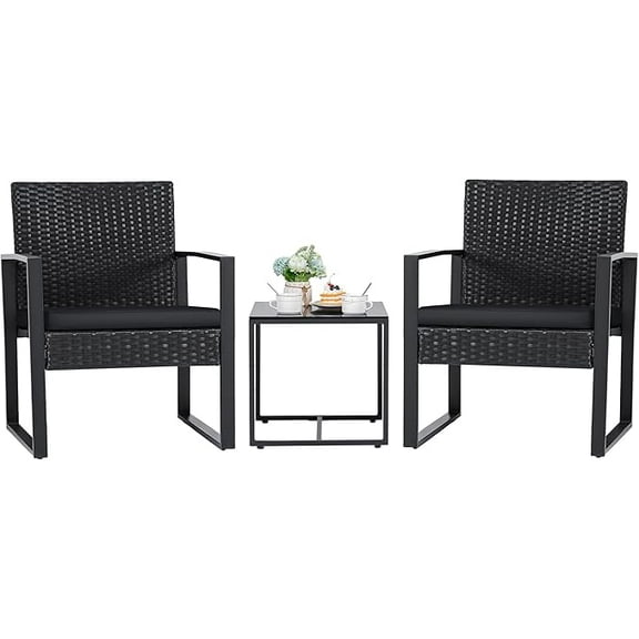 3 Pieces Outdoor Patio Wicker Furniture Set, Modern Rattan Chair Conversation Sets with Coffee Table for Yard and Bistro (Black)