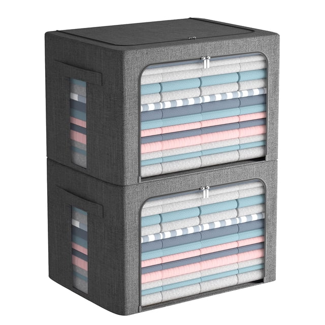 Paquete De 2 Contenedores De Almacenamiento Con Ventana Transparente, Grandes Cajas De Almacenamiento De Tela Plegables Para Ropa, Juego Organizador Apilable Con Asas De Transporte, 66 L, 19,7 X 15,7