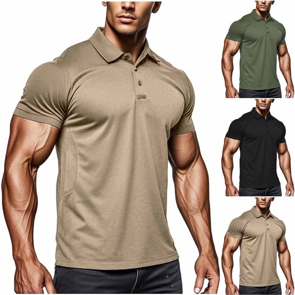 Men's Quick Dry Tactical Polo Shirt with Short Sleeve, Lightweight Breathable Performance Polo, Short Sleeve UPF 50 Outdoor Golf Shirt Big and Tall Size S-3XL Khaki