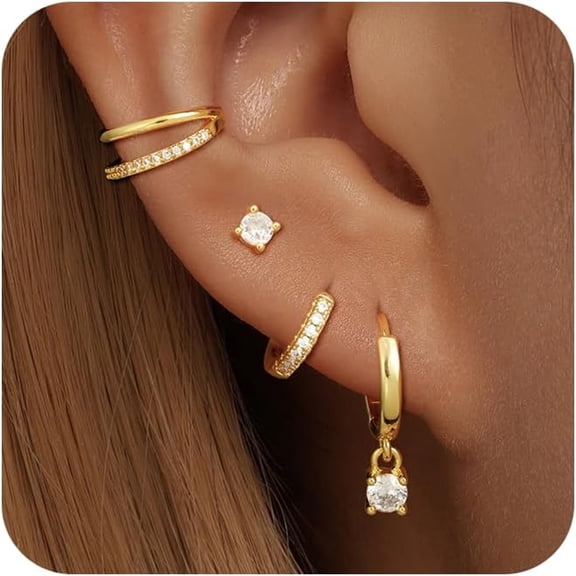 DESIGNICE Gold Huggie Small Hoop Earrings Set for Women Trendy Hypoallergenic 14K Plated Stack Cartilage Multiple Piercing Earrings for Sensitive Ears Lightweight Mini Cute 4 Pairs Stud Earring