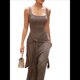 thumbnail image 2 of Vestido de Verano para Mujer, Sin Mangas, con Cuello Cuadrado, Sexy, con Doble Forro, Ajustado, y Maxivestido. Caqui S, 2 of 9