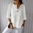 thumbnail image 5 of Horkkom Short Sleeve Button Up Women Summer Casual Solid Color Linen Shirts Loose V Neck Blouse with Pocket White 2XL, 5 of 6