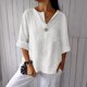 thumbnail image 5 of Vestidos Casuales Para Mujer, Blusas De Mujer De Moda Camisa de lino con cuello en V y bolsillo abotonado para mujer, informal, con escote en V de un cuarto, 5 of 6