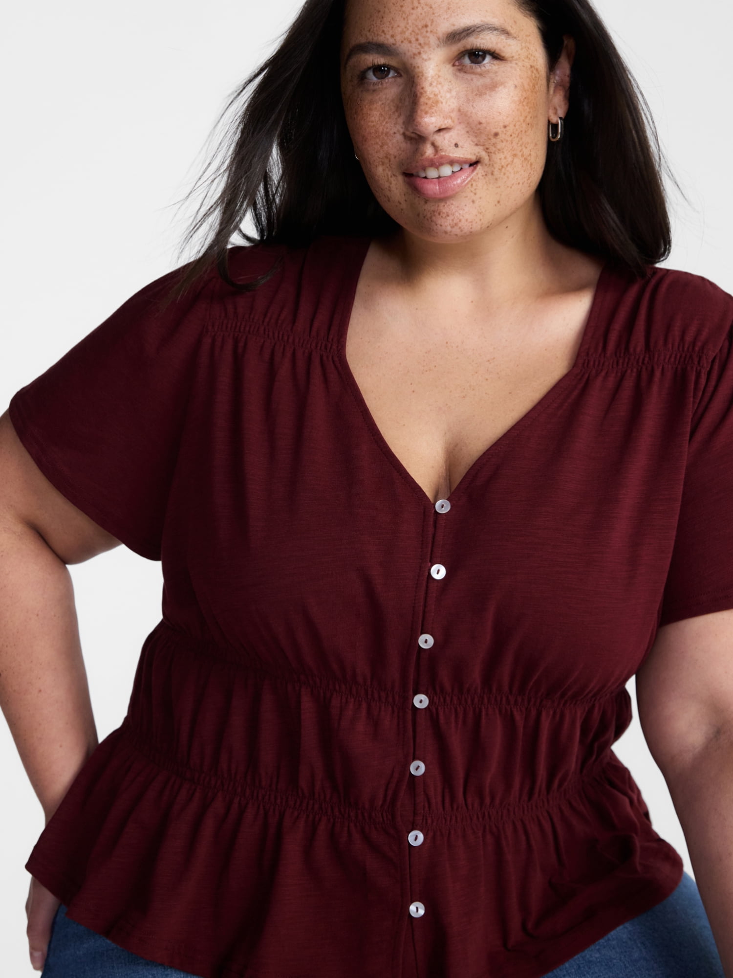 Terra & Sky Women’s Plus Femme V Neck Smocked Top with Short Flutter Sleeves, Sizes 0X-5X