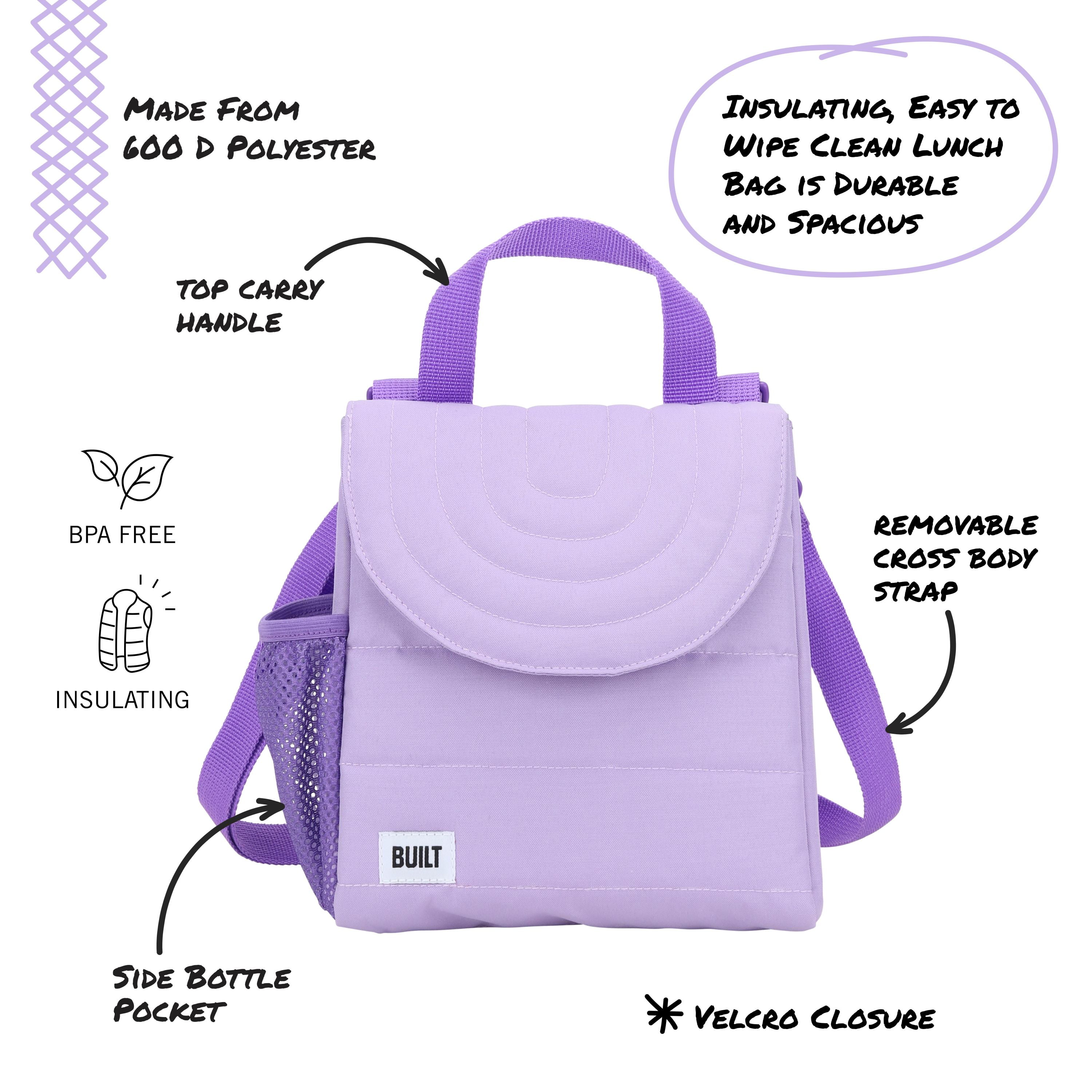 BUILT Insulated Reusable Polyester Kids Lunch Box Puffer Bag with Side Pocket, Purple