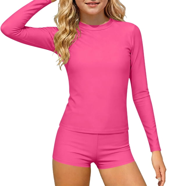 Swimsuit Set for Girls, Long Sleeve Two Piece with Floral Print, Solid Color Beach Swimsuit for Kids 3-14 Years
