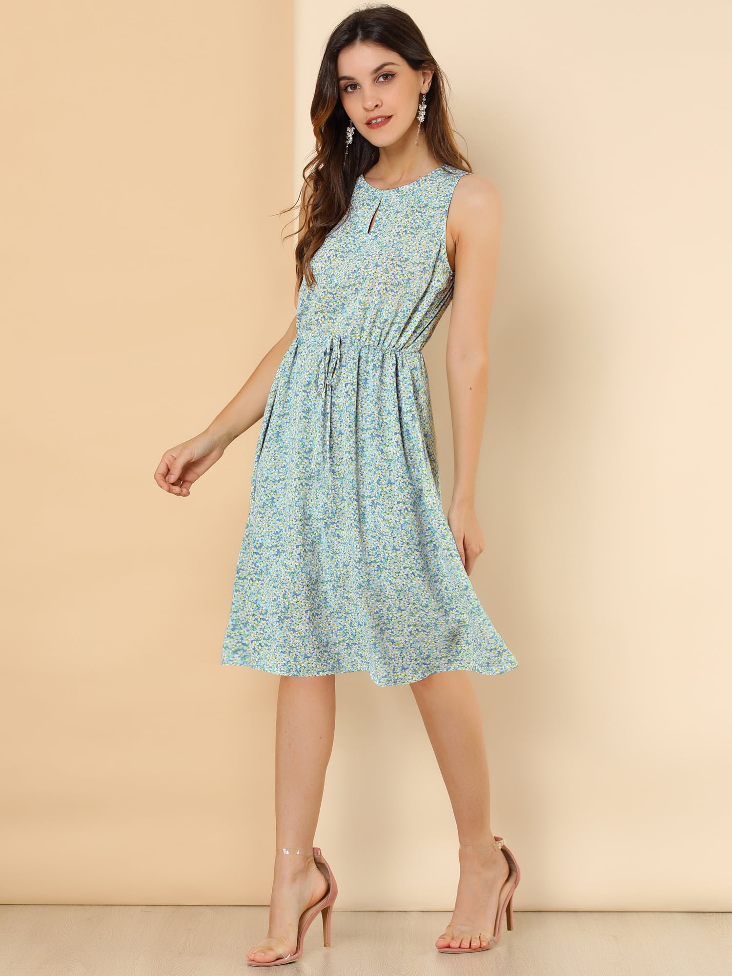 DARING DIVA Floral Sleeveless Drawstring Waist A-Line Dress 3XL Light Blue