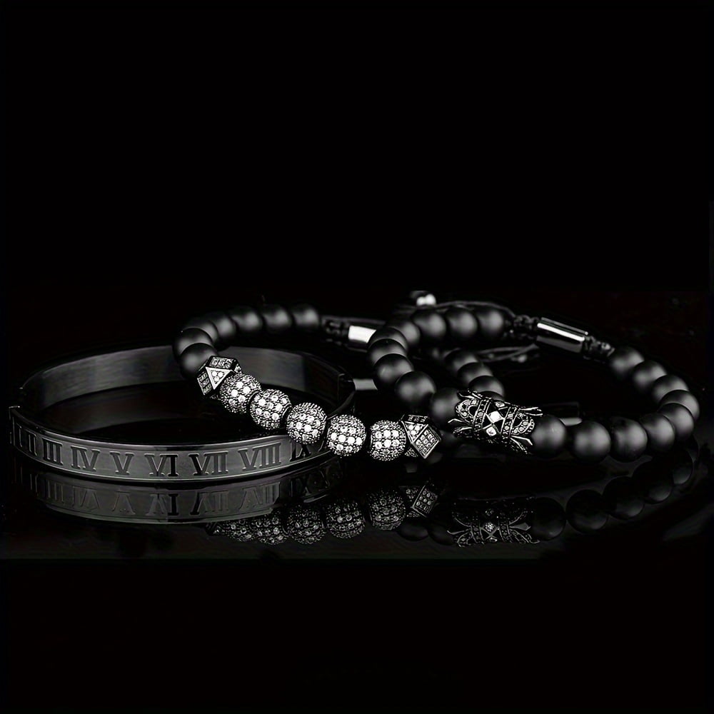 Luxury charm bracelet for men - stainless steel inlaid cubic zirconia with Roman numerals, adjustable size 6.3"-8.2", fashion jewelry gift,Black