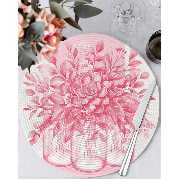 15 Inch Round Placemats Set of 6, Eucalyptus Pink Non Slip Heat Insulation PP Table Mats, Vintage Bottle Succulents Flower Stripes Washable Place Mats for Kitchen Dining Party Table Decor