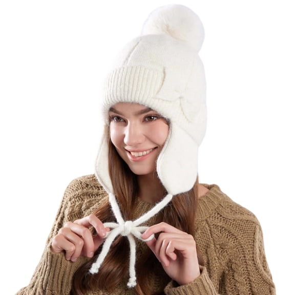Womens Winter Beanie Hats with Furry Pom Pom Cute Knitted Caps with Earflaps
