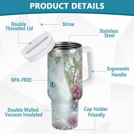 

YAZAOO Tumbler 40oz Insulated Stainless Creative White Cat with Blue Eyes Pattern Steel Water Bottles