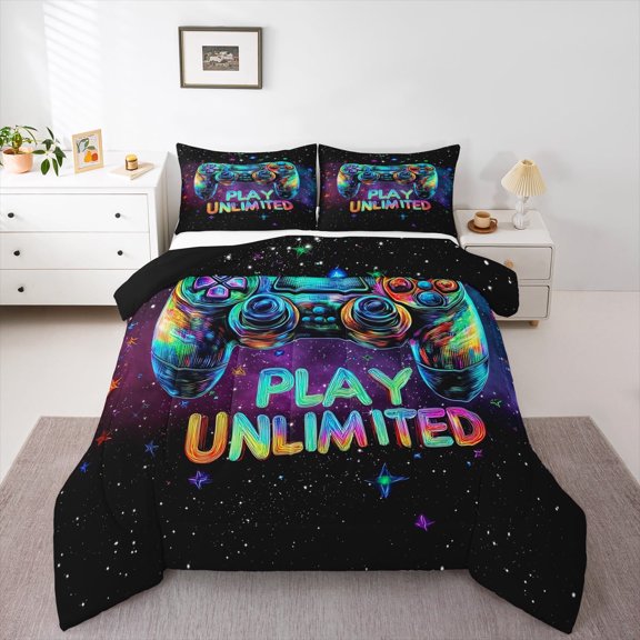 Gamer Comforter Set Teens Gaming Bedding Twin Size,Video Game Controller Bedding Comforter Sets Game Room Decor Duvet Insert Space Universe Gaming Quilt