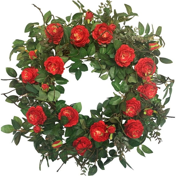 Spring Front Door Wreath 24 Inch Blossom Cabbage Rose Wreath Flame Red & Burgundy Flower Everyday Wreath on Grapevine Base Farmhouse for Festival Celebration Front Door Wall Window Hanging