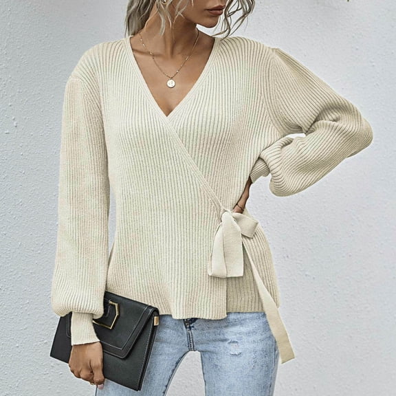 Viikei Sweaters For Women Clearance Plus Size Pullover Sweaters For Women Loose Solid Color Waist Belted V-Neck Long Sleeve Tops