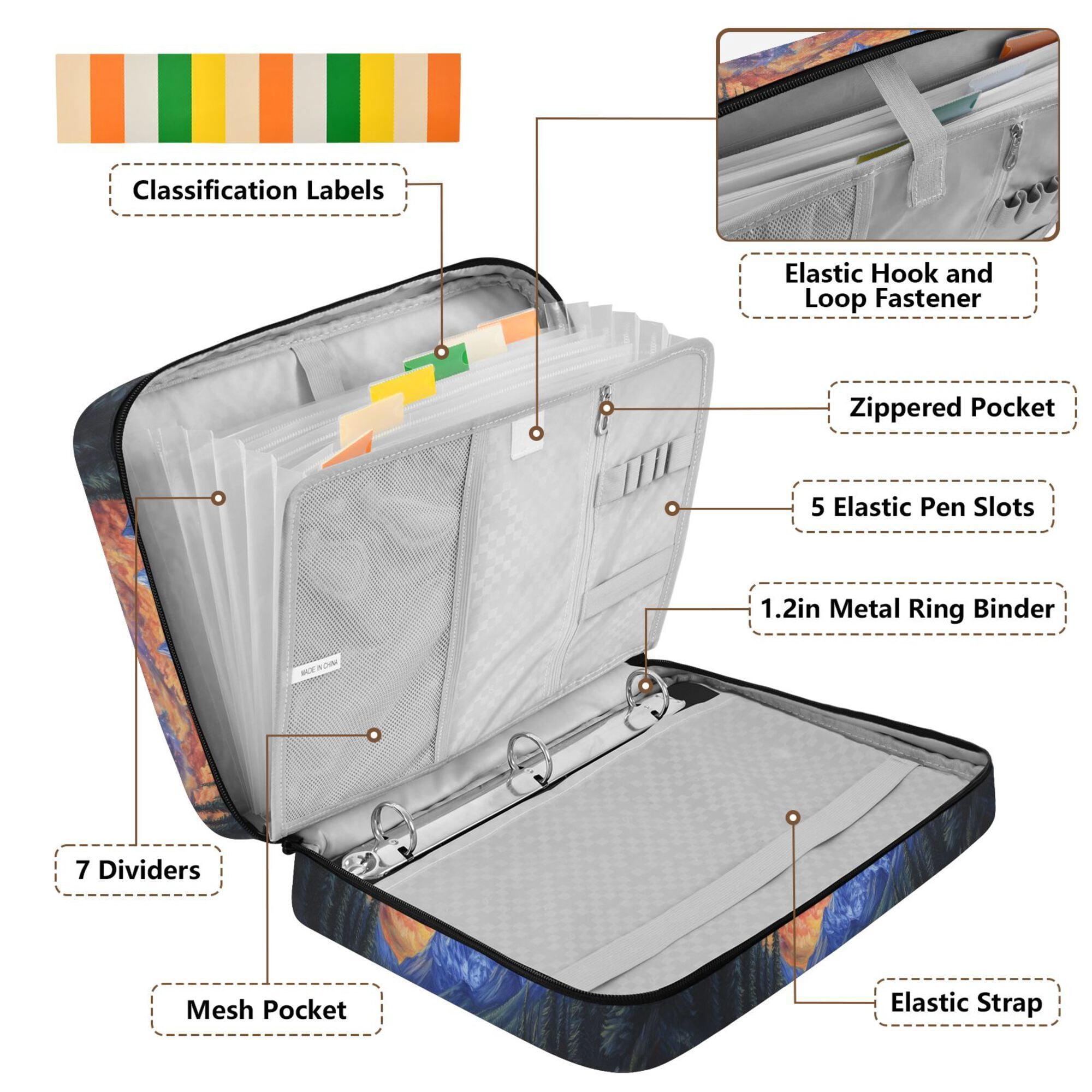 FORMRS Accordion File Folder A4 Size 7-Pocket Expanding Document Organizer Bag with 3 Ring Binder, Mountains and Forests